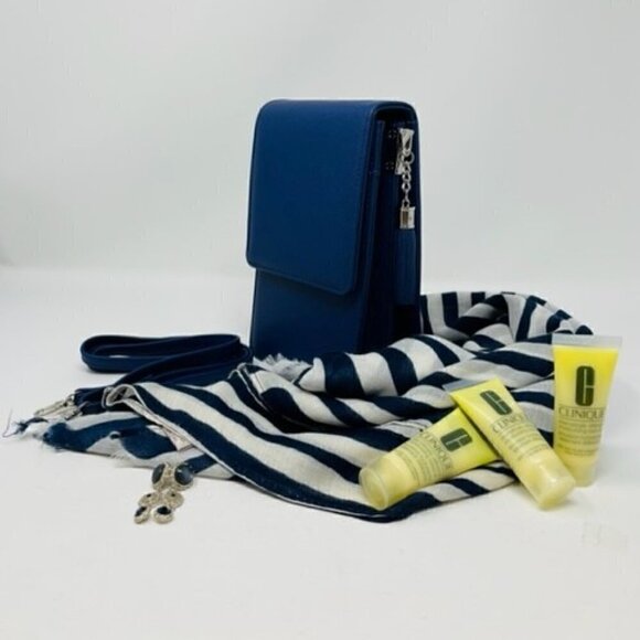 6 pc set-  3 CLINIQUE moisturizer, navy cross body, scarf & earrings- Brand New! - Picture 3 of 3